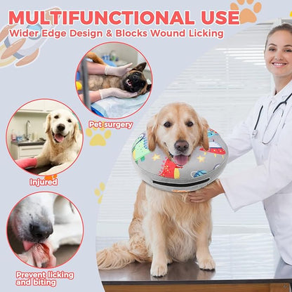 PAWCHIE Inflatable Dog Cone Collar Alternative, Soft Dog Cone for Medium to Large Dogs After Surgery, Adjustable Neck Recovery E-Collars Donut Collar with Cute Dinosaur Prints, Grey L