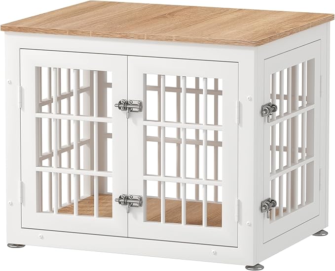 rehomerance 26 Inch Heavy Duty Dog Crate Furniture for Small Dogs, Decorative Pet House End Table, Wooden Cage Kennel Furniture Indoor, White and Natural