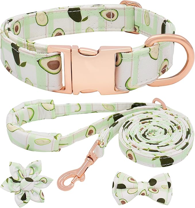 Dog Collar and Leash Set Adjustable Girls Puppy Floral Collars with Bow Tie for Small Medium Large Dogs(L, Avocado)