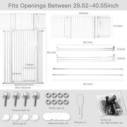 SHYUJAJIE 71 Inch Extra Tall Pet Gate with Small Cat Door, 29.55"-40.55" Adjustable Wide Dog Gate, Tall Cats Gates for Doorway, Stairs, House(White)