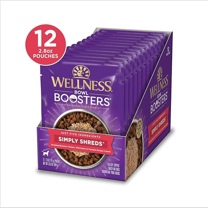 Wellness Bowl Boosters Simply Shreds Wet Dog Food Topper for Small, Medium, and Large Breeds, Grain Free, Natural, Wild Salmon and Pumpkin Recipe, 2.8 oz, Pack of 12 Pouches
