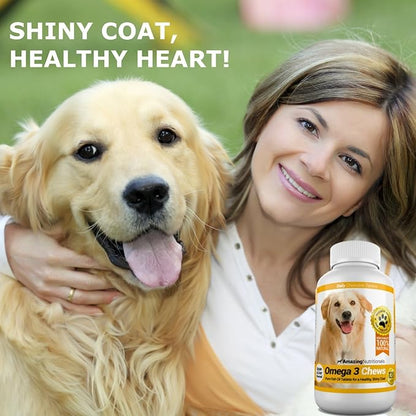 Amazing Omega 3 for Dogs - Omega 3 Fish Oil for Dogs Supplement for Itchy Skin Relief for Dry Skin and Hot Spots and Shedding Coat with EPA and DHA Fatty Acids - 120 Salmon Flavor Chews