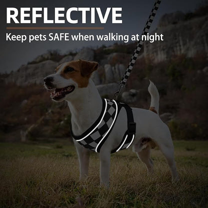 PUPTECK Soft Mesh Dog Harness and Leash Set Pet Puppy Cat Comfort Padded Vest No Pull Harnesses, Checkered Black&White, M