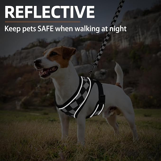 PUPTECK Soft Mesh Dog Harness and Leash Set Pet Puppy Cat Comfort Padded Vest No Pull Harnesses, Checkered Black&White, XS