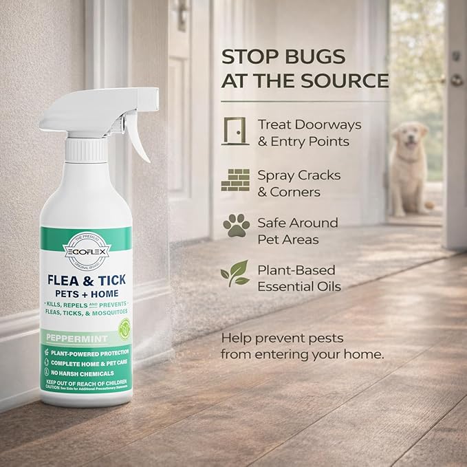 Flea Spray for Home & Pets - Flea and Tick Prevention for Dogs - Plant Based Repellent with Natural Essential Oils for Dog Flea Treatment Protection - Peppermint Scent - 16 Fl Oz