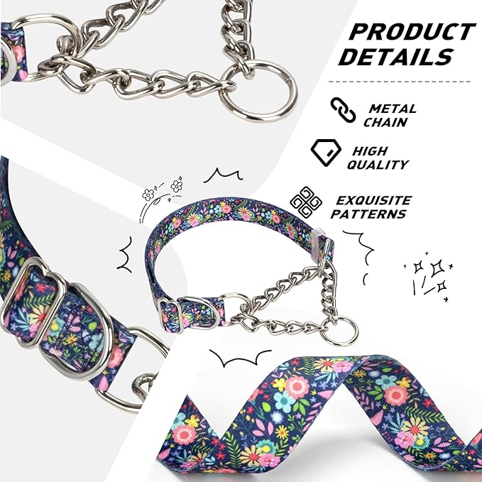 Martingale Collar for Dogs with Chain,Adjustable Nylon Floral Slip No Pull Training Dog Collars for Medium, Large & XL Dogs(Floral XL)