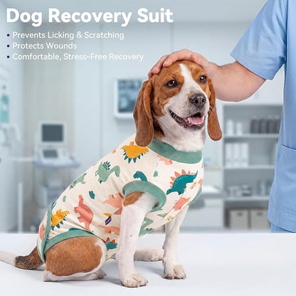 cyeollo Dog Surgery Recovery Suit, Soft Dog Onesie, E-Collar & Cone Alternative, Male Female Dog Spay Neuter Body Suits, Anti-Licking Wound Surgical Suit, Pet Clothes for Medium Dogs, Dinosaur L