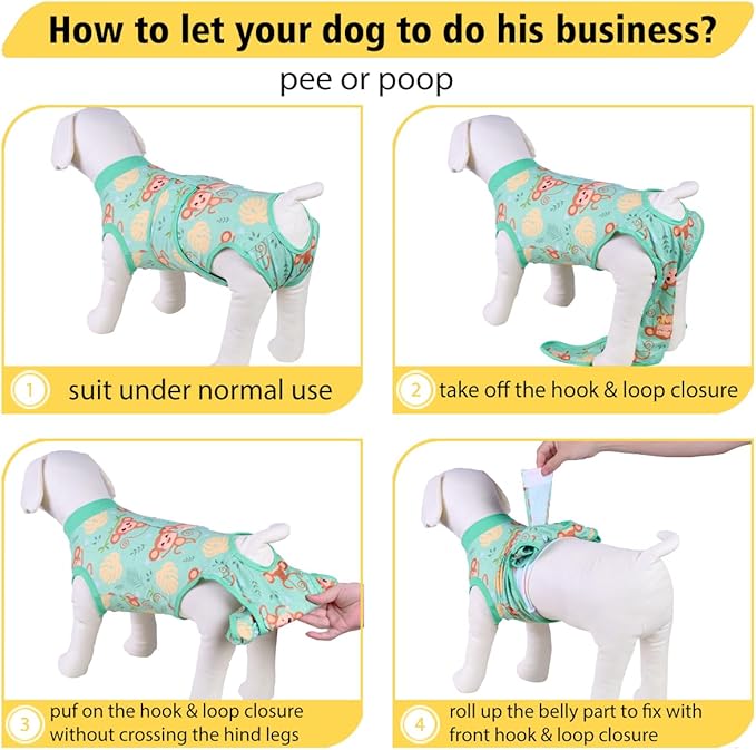 PetWarm Dog Surgical Recovery Suit Male, Recovery Suit for Dogs After Surgery, Collars and Cones Alternative Dog Abdominal Wounds Bandages, Onesies for Dogs, Monkey Pattern, Green, XS