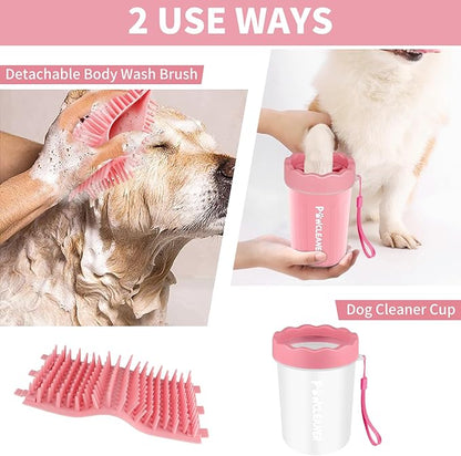 Professional 7 in 1 Dog Paw Cleaner for Dogs - Includes 1 Portable Paw Washer, 1 Bath Brush, 2 Dog Toothbrushes and 3 Absorbent Towels Note: Fits Paws 1.5 to 2.5 Inches Wide (Medium, Light Pink)