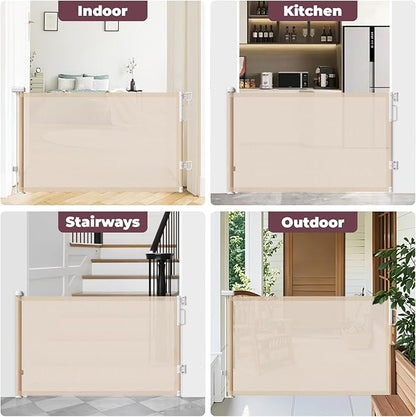 Retractable Baby Gate for Stairs, 55" Wide Mesh Dog Gate Indoor, 34" Tall Child Gate for Doorways, Hallways, Deck, Indoor Outdoor Pet Baby Safety Essentials for Home, Beige