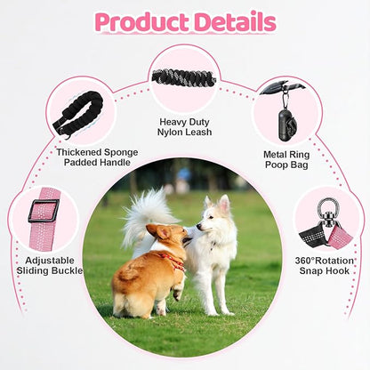 Double Dog Leash - 360°Swivel Tangle Free Splitter Attachment, 1 Rope with Handle, 2 Dogs Multi-Functional Leash, for Outdoor Walk Train Small Medium Large Two Pet, Pink