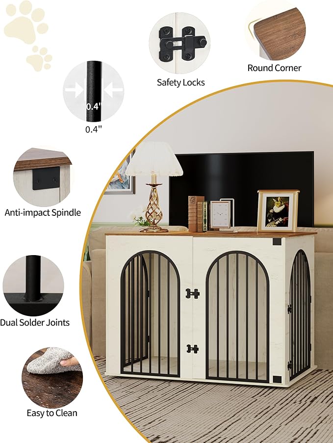 Hzuaneri 44.1" Wooden Dog Crate Furniture, Indoor Dog Kennel Dogs Cage for Small/Medium/Large Dogs, Heavy Duty Dog Crates Decorative Pet House End Side Table TV Stand, White Brown DFC83914B