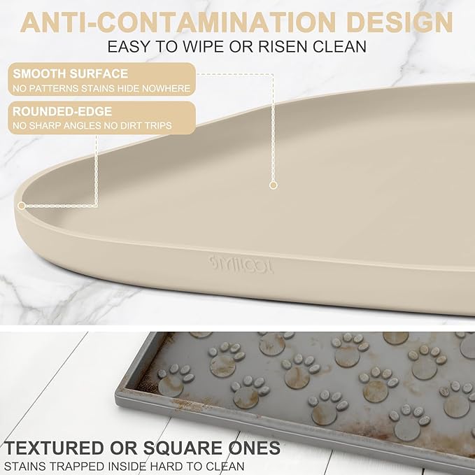Smilool Silicone Pet Food Mat with Raised Edge for Food and Water Bowl, Dog Feeding Mats, Cat Food Trays for Floor Waterproof, Rubber Tray for Dogs and Cats, 24 x 16 x 0.8 Beige