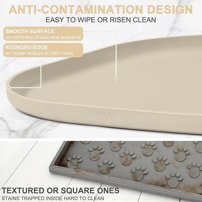 Smilool Silicone Pet Food Mat with Raised Edge for Food and Water Bowl, Dog Feeding Mats, Cat Food Trays for Floor Waterproof, Rubber Tray for Dogs and Cats, 24 x 16 x 0.8 Beige