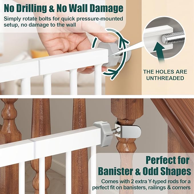 keny 29.7"-51.5" Extra Wide Baby Gate for Stairs, Easy Walk Thru Dog Gate with 21.1" Large Opening Door, Pressured Mounted No Drilling Pet Gate, 30" Tall, White