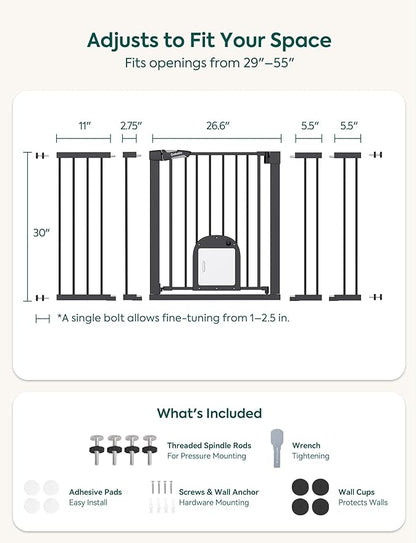 Babelio Baby Gate with Cat Door, CatPrivilege Ⅲ, Extra Wide 29-55" Cat Gate, 30" Tall Pressure Mounted Safety Gate for Large Openings, Stairs & Doorways, Auto Close, Black