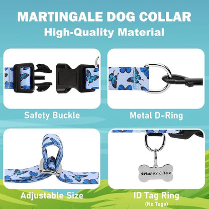 Martingale Dog Collar with Buckle Adjustable Nylon Cute Girl No Pull Anti Escape Training Dog Collars (Blue Butterfly, Medium)