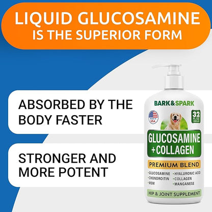 BARK&SPARK Liquid Glucosamine for Dogs w/Collagen (32 OZ) Advanced Mobility Joint Supplement for Dogs - Advanced Formula w/Chondroitin, MSM - Hip & Joint + Skin & Coat Care - Made in USA