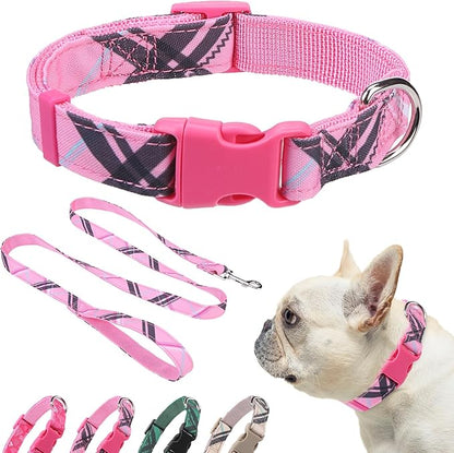 Dog Collar and Leash Set for Small Dogs, Adjustable Soft Puppy Collar with Quick Release Buckle, 5FT Heavy Duty Nylon Matching Leash for Boy Girl Chihuahua, Yorki, Bulldog, Pink S