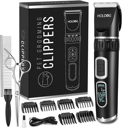 HOLDOG Dog Clippers Professional Heavy Duty Dog Grooming Clipper 3-Speed Low Noise High Power Rechargeable Cordless Pet Grooming Tools for Small & Large Dogs Cats Pets with Thick & Heavy Coats