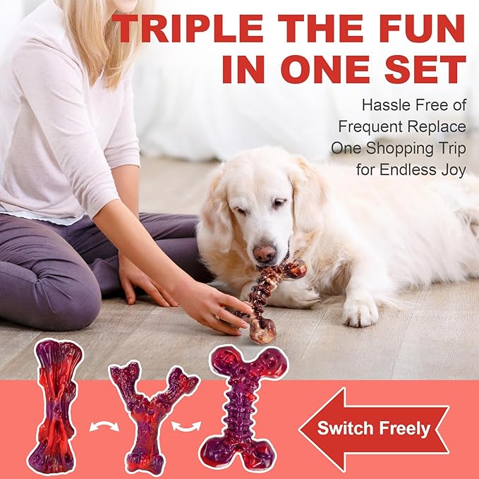 Kseroo Indestructible Dog Toys for Aggressive Chewers 3-Pack: Beef Flavored Dog Chew Toys, Tough Dog Toys for Medium & Large Dogs (20-90lbs), Hard Heavy Duty Nylon Dog Bone Toys to Keep Them Busy, Red