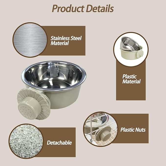 kathson Lightweight Stainless Steel Pet Bowls, Removable Crate Dog Bowl Hanging Pet Food Water Feeder Bowl, Cage Coop Cup for Puppy Cat Rabbit Ferret Birds Guinea Pigs (3pcs)