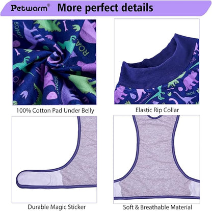 PetWarm Pet Recovery Suit for Dogs, Onesies for Dogs, Dog Cone Alternative After Surgery Substitute E-Collar and Cone Prevent Dog Onesies Pet Surgery Recovery Suit, Dinosaur Pattern, Blue Purple, S