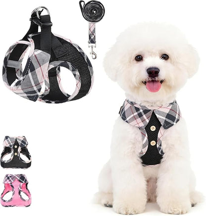 KOOLTAIL Dog Harness and Leash Set, Cute Dog Harness Medium Sized Dog, Step in No Pull Soft Mesh Pet Vest Harness Collar for Dogs Cats Boy Girl, Plaid Puppy Halters for Outdoor Walking, Beige M