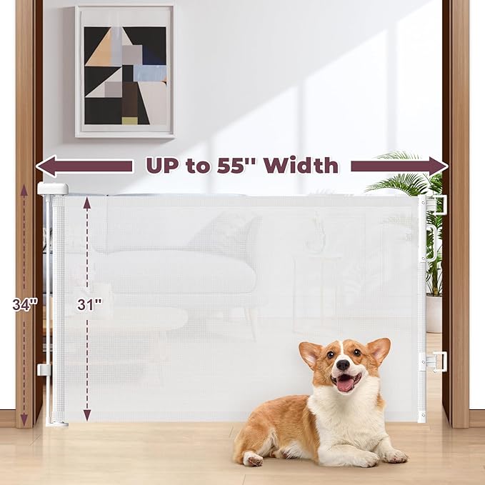 Retractable Baby Gate for Stairs, 55" Wide Mesh Dog Gate Indoor, 34" Tall Child Gate for Doorways, Hallways, Deck, Indoor Outdoor Pet Baby Safety Essentials for Home, White