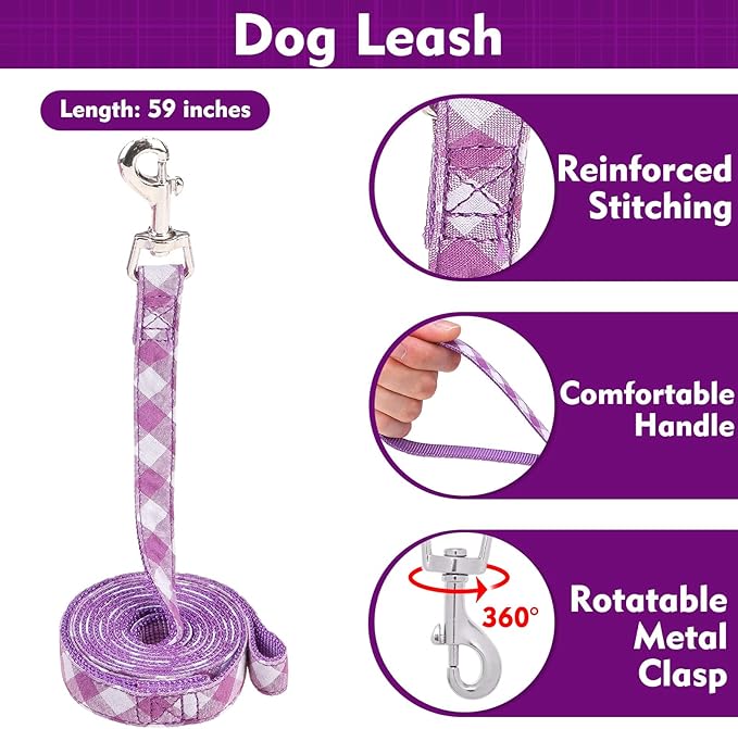 EXPAWLORER Cute Dog Harness and Leash Set - Purple Girl Dog Harness Checkered Step-in Design, Easy Adjustable No-Choke Lightweight Breathable Vest for Small Medium Dogs Outdoor Walking, Medium