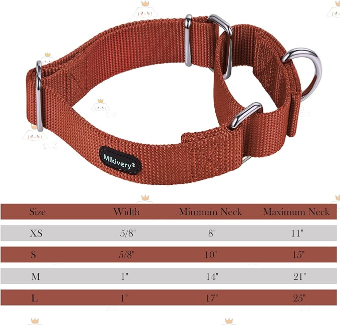 Mikivery Martingale Dog Collar Nylon Adjustable and Safety Training Colourful Comfortable Metal Buckle Pet Collars for Small Medium and Large Dogs(Brick Red,L)