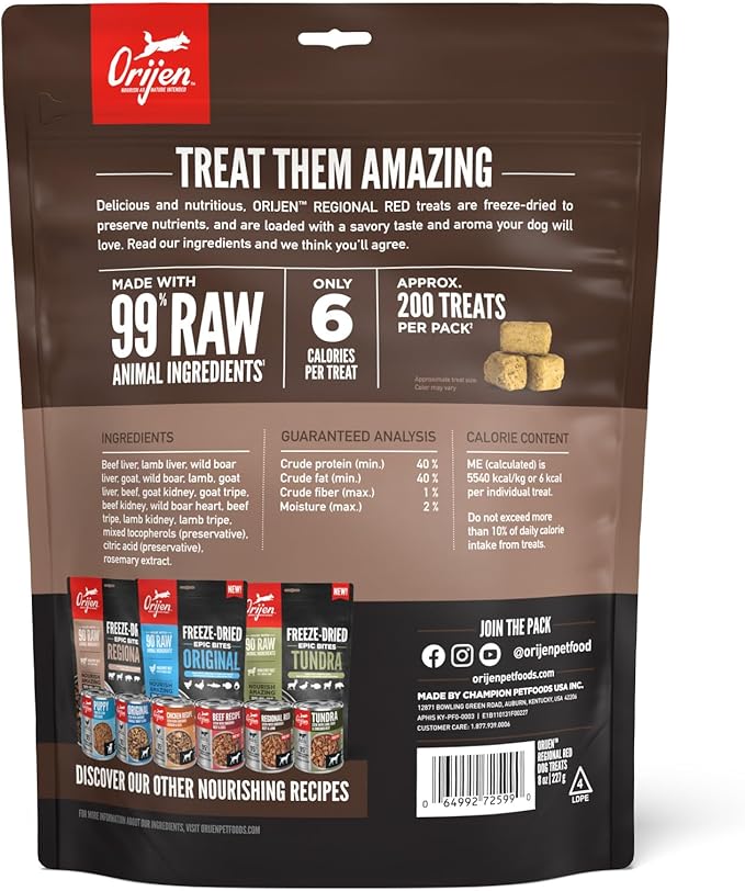 ORIJEN Grain Free High Protein Freeze Dried Dog Treats Regional Red Recipe 8oz Bag