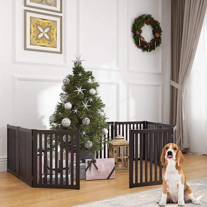 WELLAND 24" Freestanding Pet Gate, Foldable Wooden Dog Gate, 4 Panel Step Over Fence, Indoor Puppy Gate, Expands Up to 80" Wide, Espresso