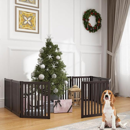 WELLAND 24" Freestanding Pet Gate, Foldable Wooden Dog Gate, 4 Panel Step Over Fence, Indoor Puppy Gate, Expands Up to 80" Wide, Espresso