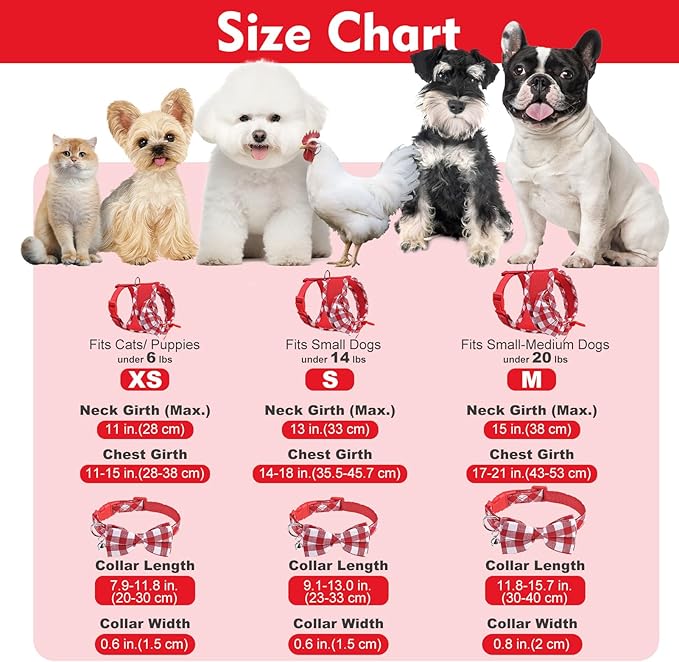 EXPAWLORER Cute Dog Harness Collar Leash Set - Red Girl Dog Harness Checkered Step-in Design, Detachable Bow Pet Collar, Adjustable No-Choke Lightweight Mesh Vest for Cats Puppy Small Dogs, S