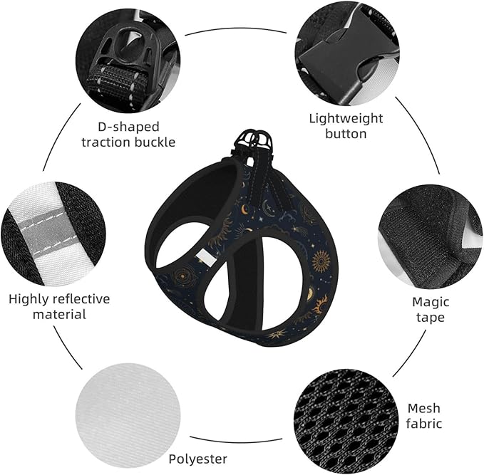 Dog Harness and Leash Set with Celestial Moon Star Pattern, Breathable Mesh Vest with Reflective Strips, Adjustable No Pull Pet Harness for Small Dogs and Cats Large