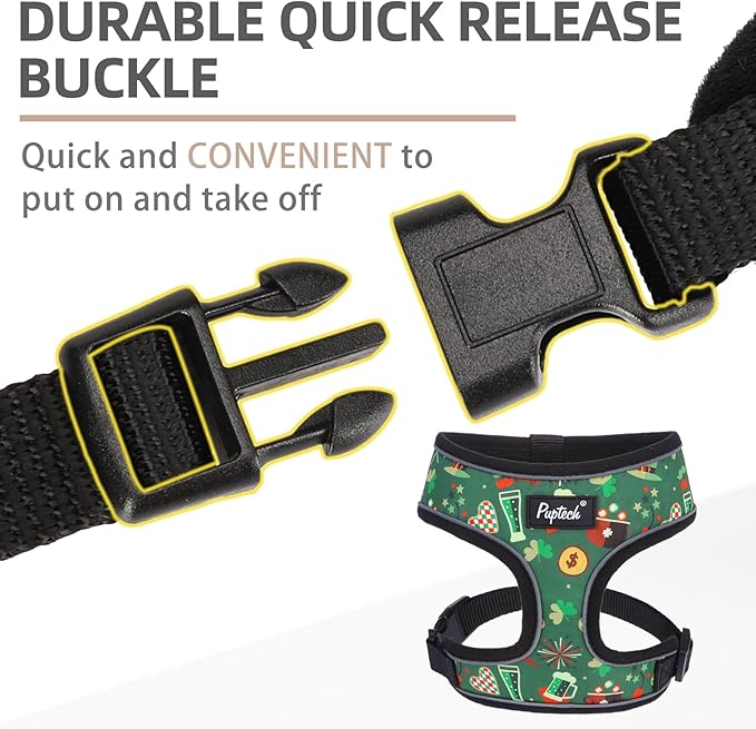PUPTECK Soft Mesh Dog Harness and Leash Set Pet Puppy Cat Comfort Padded Vest No Pull Harnesses, St. Patrick's Deep Green, S
