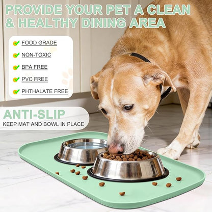 Smilool Silicone Pet Food Mat with Raised Edge for Food and Water Bowl, Dog Feeding Mats, Cat Food Trays for Floor Waterproof, Rubber Tray for Dogs and Cats, 22 x 14 x 0.8 Mint Green