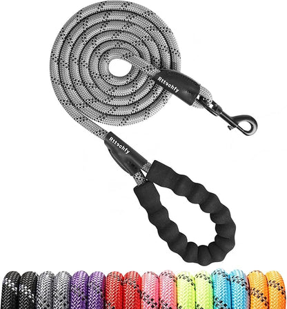 Rttochfy Rope Dog Leash 2/4/5/6/8/10 FT with Comfortable Padded Handle and Highly Reflective Threads for Small Medium and Large Dogs Heavy Duty (1/2"-6 FT, Grey)