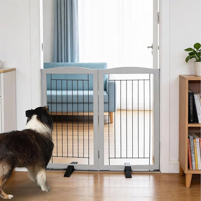 ZJSF Freestanding Dog Fence Indoor, Foldable Dog Gate for Doorways, Stairs or Hallways, Sturdy Wood Extra Wide Pet Gate with Support Feet for The House, Grey, 32 "Height-2 Panels