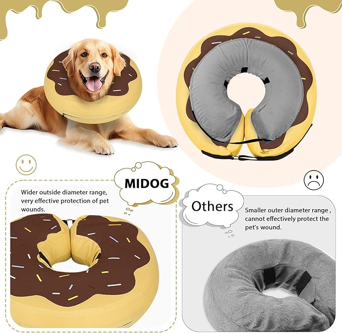 MIDOG Soft Inflatable Dog Cone, Donut E-Collar Alternative for After Surgery, Prevents Licking, Allowing Normal Eating & Vision, Comfortable Recovery Collar for Small Medium Large Dogs & Cats,Brown-S