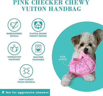 Haute Diggity Dog Chewy Vuiton Handbag Plush Squeaky Dog Toy, Soft Durable Designer-Inspired Stuffed Puppy Chew Toys for Small & Medium Dogs, Machine-Washable (Pink Checker) Small