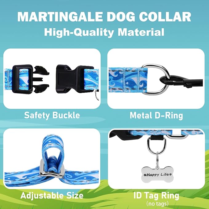Reflective Martingale Collar with Quick Release Buckle Anti Pulling Boy Male Adjustable Dog Collars (Blue Waves, Large)