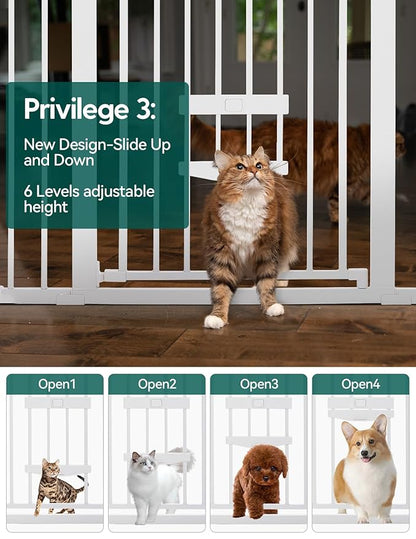 BABELIO 29-48" Extra Wide Baby Gate with Cat Door,Auto Close Metal Pet Door for Stairs, Doorways, House, Pressure/Hardware Mounted, Easy Walk Thru, White