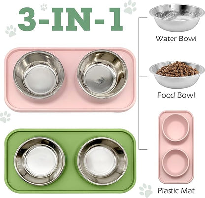 BNOSDM 2 Pcs Double Dog Food Bowls Stainless Steel Small Dog Food and Water Bowls with Non-Spill Plastic Mat Pet Cat Feeder Dish Set for Puppy Cats Kitten (Pink and Drak Green)