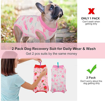SAWMONG 2 Pack Recovery Suit for Dogs After Surgery, Dog Recovery Suit Soft Polyester, Pet Spay Surgical Suit Female Male, Dog Onesie Body Suit Substitute E-Collar Cone(Strawberry+ Peach,S)