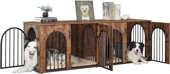 Hzuaneri 71" Dog Crate Furniture for 2 Dogs, Heavy Duty Indoor Dog Kennel TV Stand, XL Wooden Dog Cage with Divider for Medium Large Dogs, End Table Dog Crate with Cushion, Rustic Brown DFC81901B