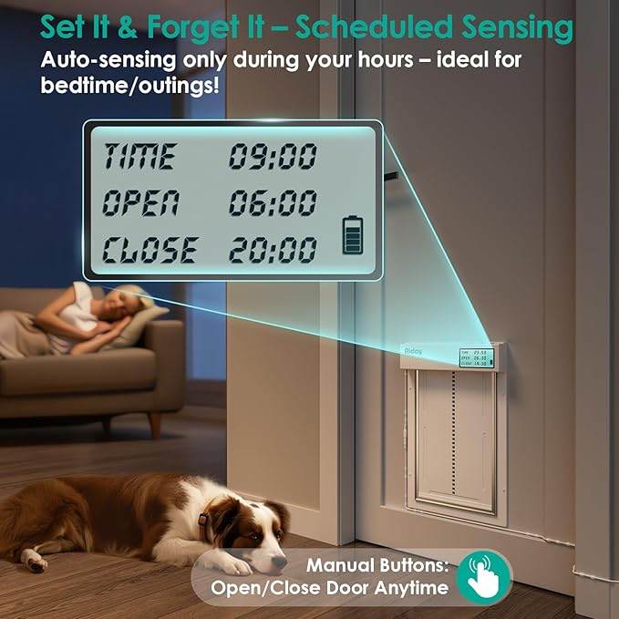 Automatic Dog Door with Collar Sensor, Large Electronic Dog Door for Door with Anti-Pinch, Mains-Powered, LCD Display, Timing Function, Metal(L)