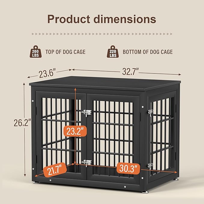 rehomerance 32 Inch Heavy Duty Dog Crate Furniture for Medium and Small Dogs, Decorative Pet House End Table, Wooden Cage Kennel Furniture Indoor, Black