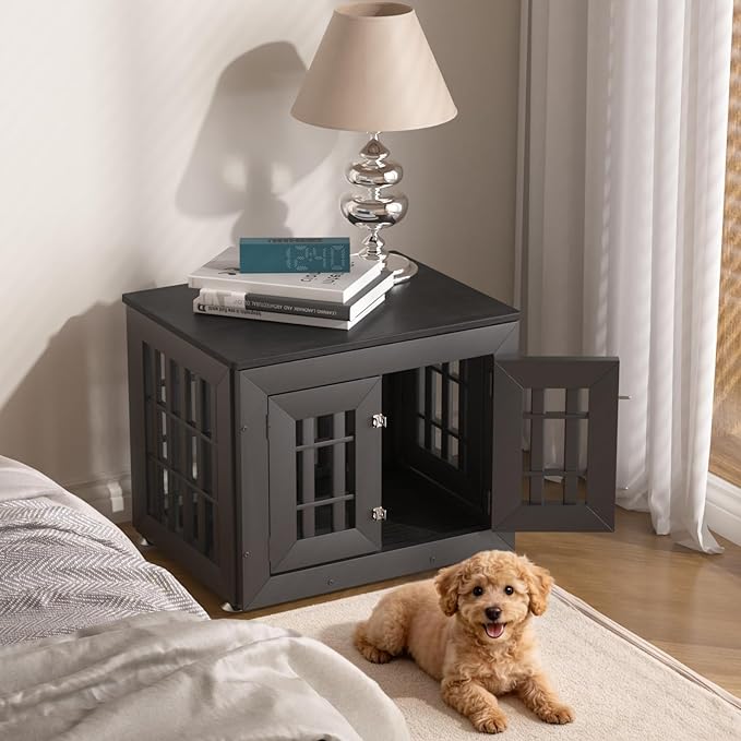 Snuowu 26" Heavy Duty Dog Crate Furniture for Small,Medium and Large Dogs,Rustic Wooden Dog Cage Kennel Indoor Furniture with Waterproof Top,Decorative Pet House Side End Table (Black)